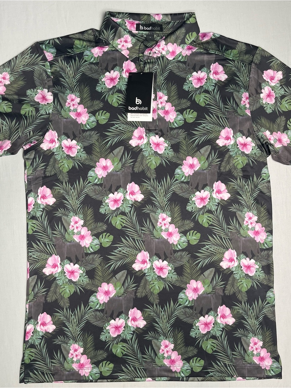 Badhabit Tropical Floral Polo in Black and Pink Men’s SM (Panthera)